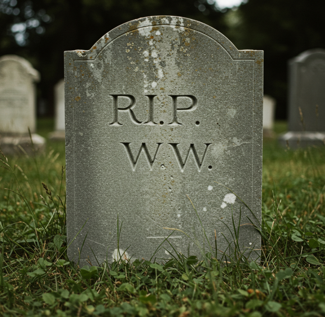 this blog is about the demise of weight watchers - we generated an image of a gravestone saying RIP WW